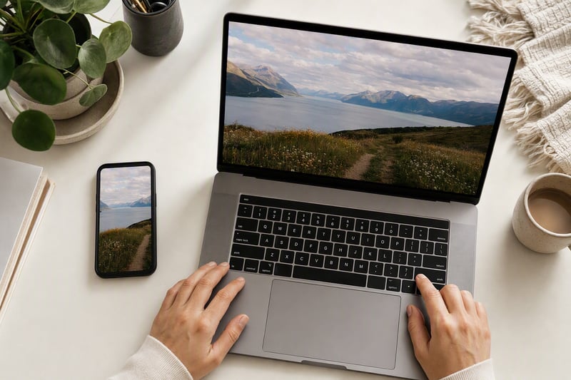 Hands holding a phone above a laptop showing the same photo at two sizes
