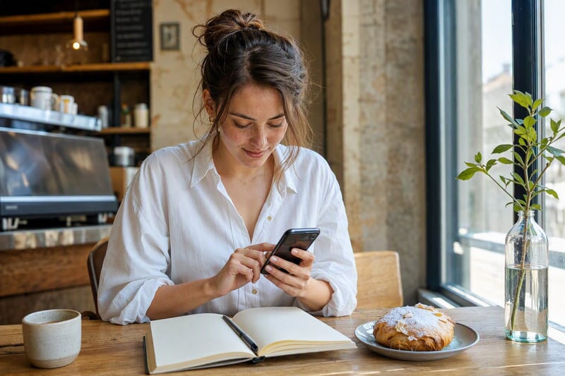 A phone on a desk showing a photo editor beside a notebook and a cup of tea