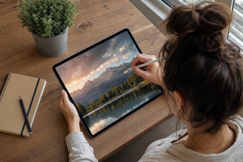 Phone showing a row of preset thumbnails beside an unedited portrait on a table