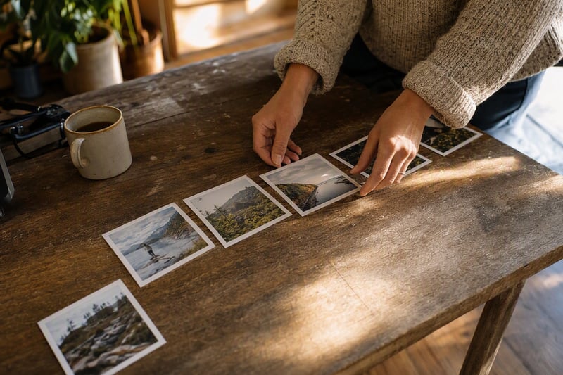 A stack of freshly printed photographs on a wooden table beside a phone
