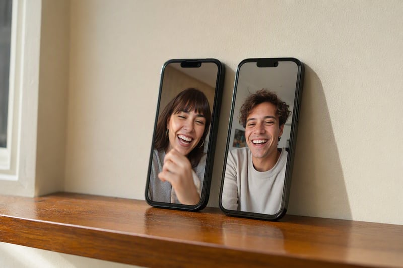 Two phones propped against a window frame with soft daylight behind them