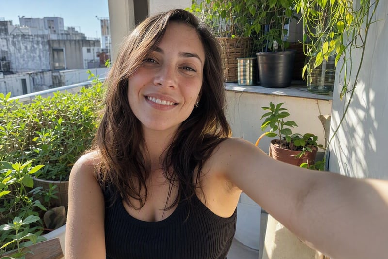 Woman taking a selfie beside a window with soft daylight falling across her face
