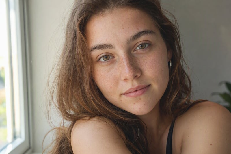 Portrait in soft window light with even skin tone, freckles and pores still visible