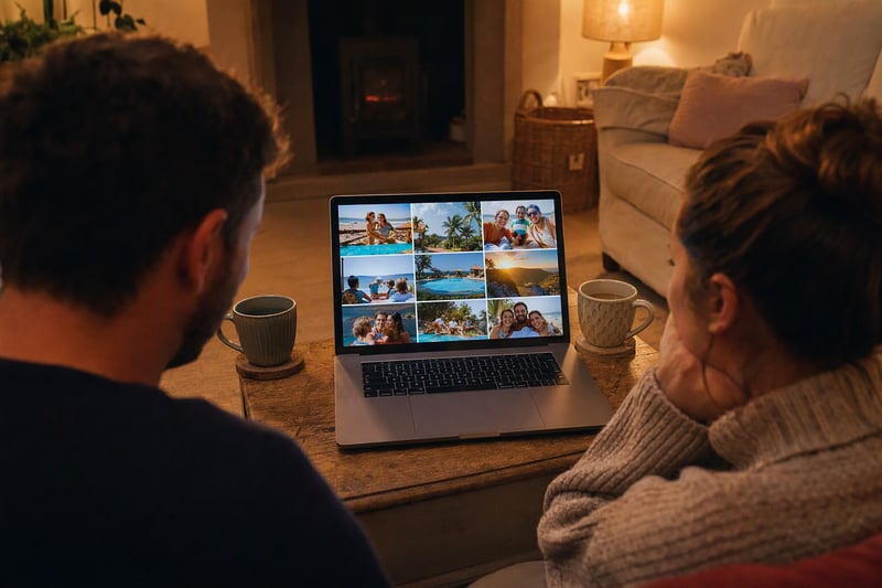 Laptop and phone side by side showing holiday photos being arranged into an order