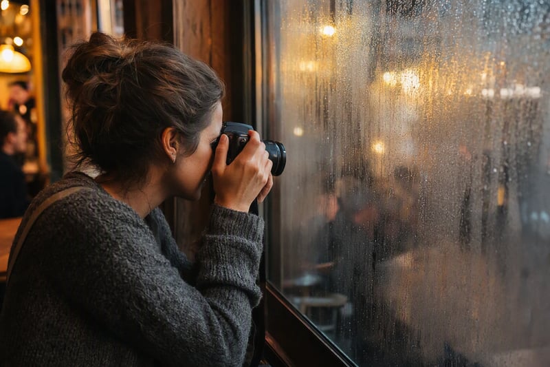 Woman photographing her coffee and notebook in morning window light for a story