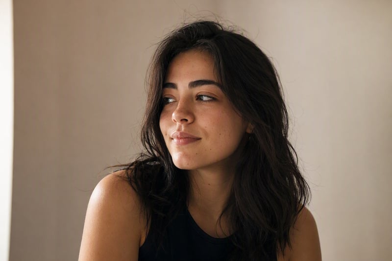 Portrait of a woman in warm window light with visible skin texture and freckles