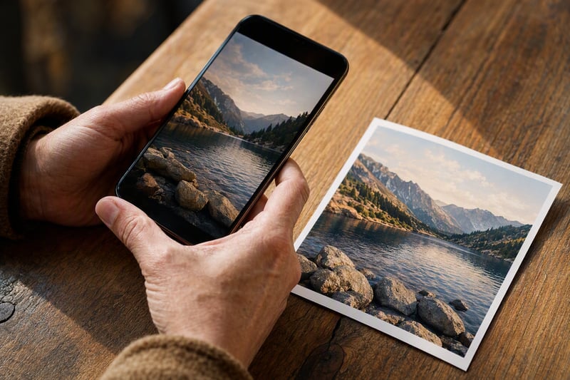 Hands holding a phone with a photo editor open and a preset panel visible