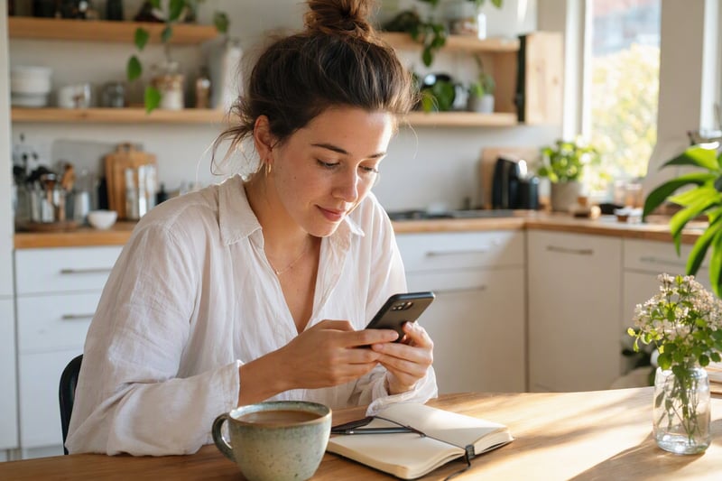 Woman editing a portrait on her phone at a kitchen table in daylight