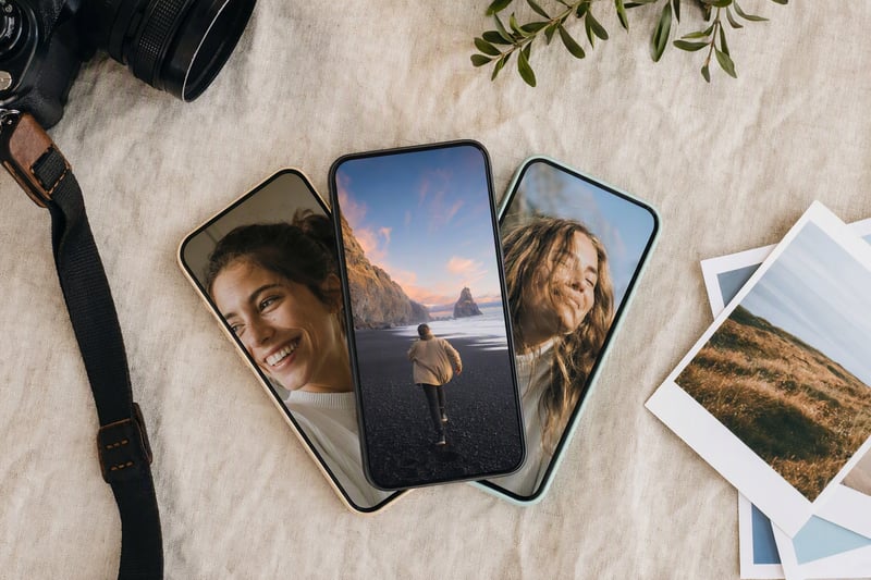 Phone resting on a stone wall at dusk with city lights out of focus behind