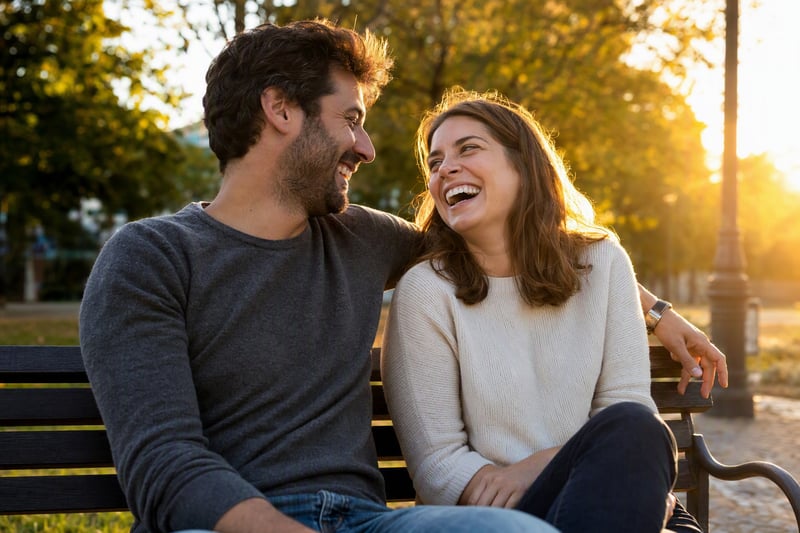 Two people laughing together on a doorstep in late afternoon sunlight