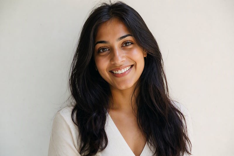 A woman photographed against a plain wall in soft light from a large window
