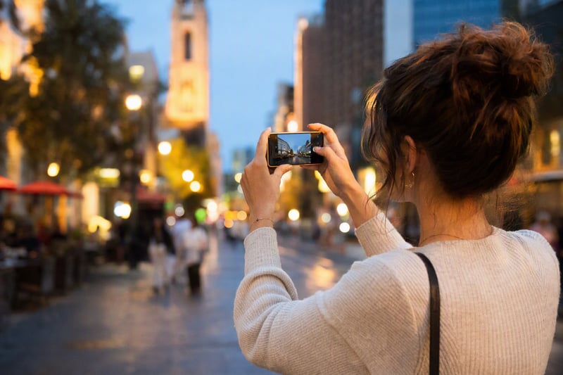 Woman holding an iPhone at chest height photographing a friend in afternoon light