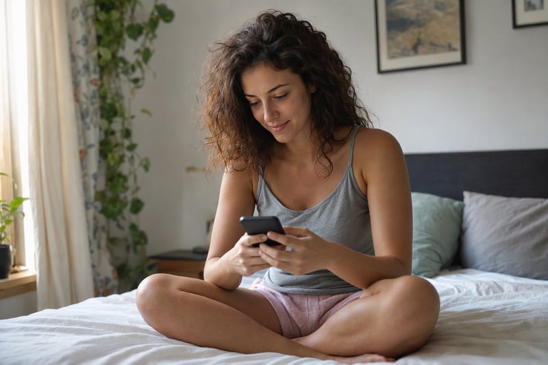Person scrolling a photo library on a phone held in one hand near a window