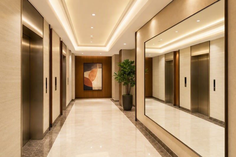 Person photographing their reflection in a large mirror in a bright lobby
