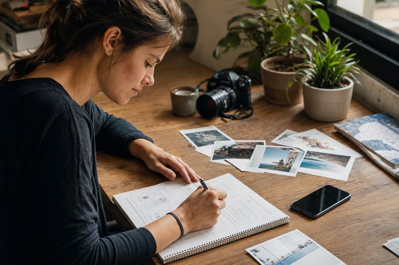 Phone and laptop showing a photo edit beside a social post layout with text