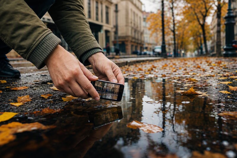 Hands holding a phone low to the ground framing a reflection in wet pavement