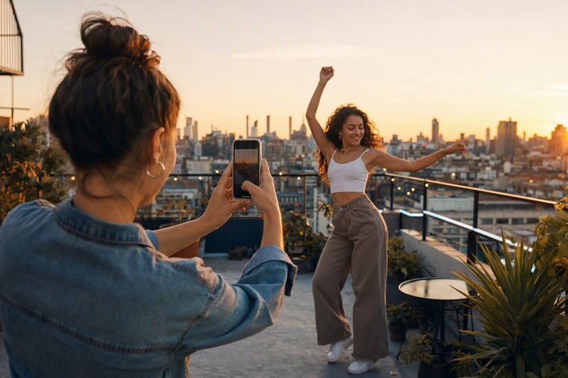 Phone on a small tripod filming a street scene at dusk with warm lights