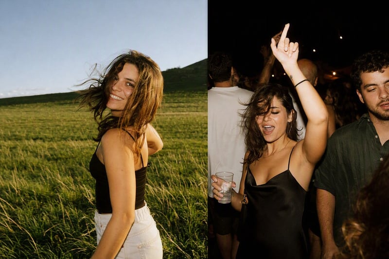 One flash-lit party photo shown twice, graded on the left and film-styled on the right