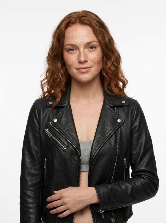 AI top try-on leather moto jacket by Visio