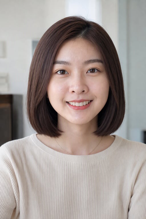 同一位女性換成及下巴的鮑伯頭，由 Visio AI 生成