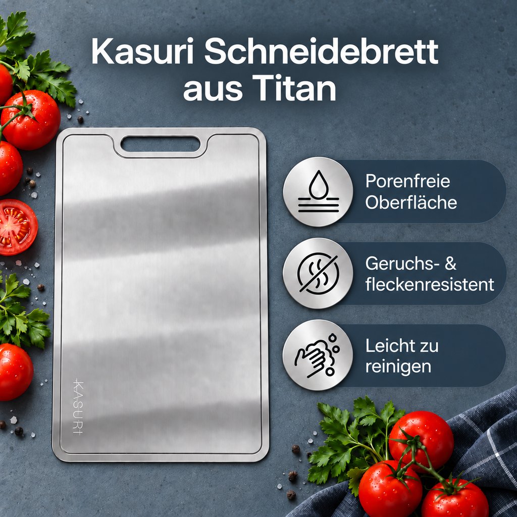 Kasuri-Schneidebrett aus Titan: porenfreie Oberfläche, geruchs- und fleckenresistent, leicht zu reinigen