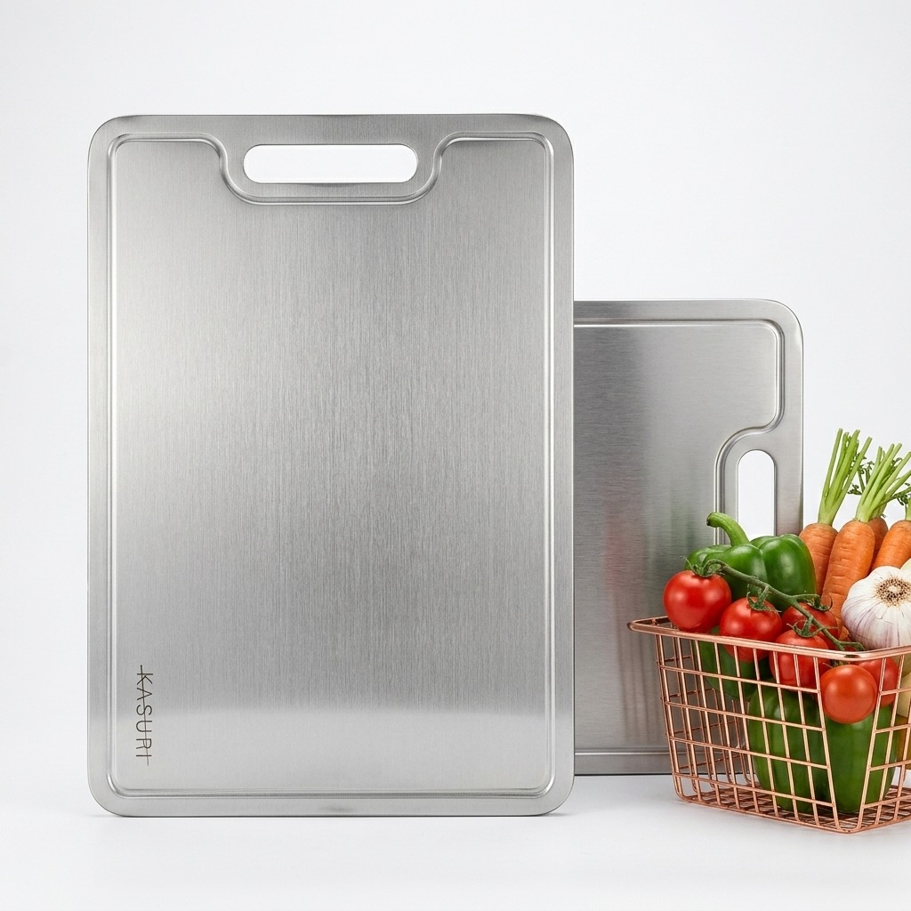 Deux planches à découper Kasuri en titane avec un panier de légumes frais
