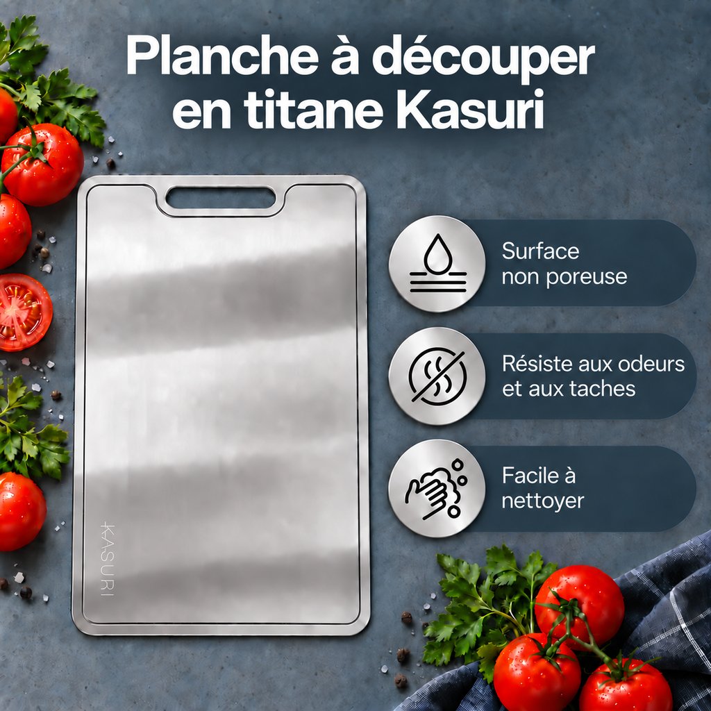 Planche à découper en titane Kasuri : surface non poreuse, résiste aux odeurs et aux taches, facile à nettoyer