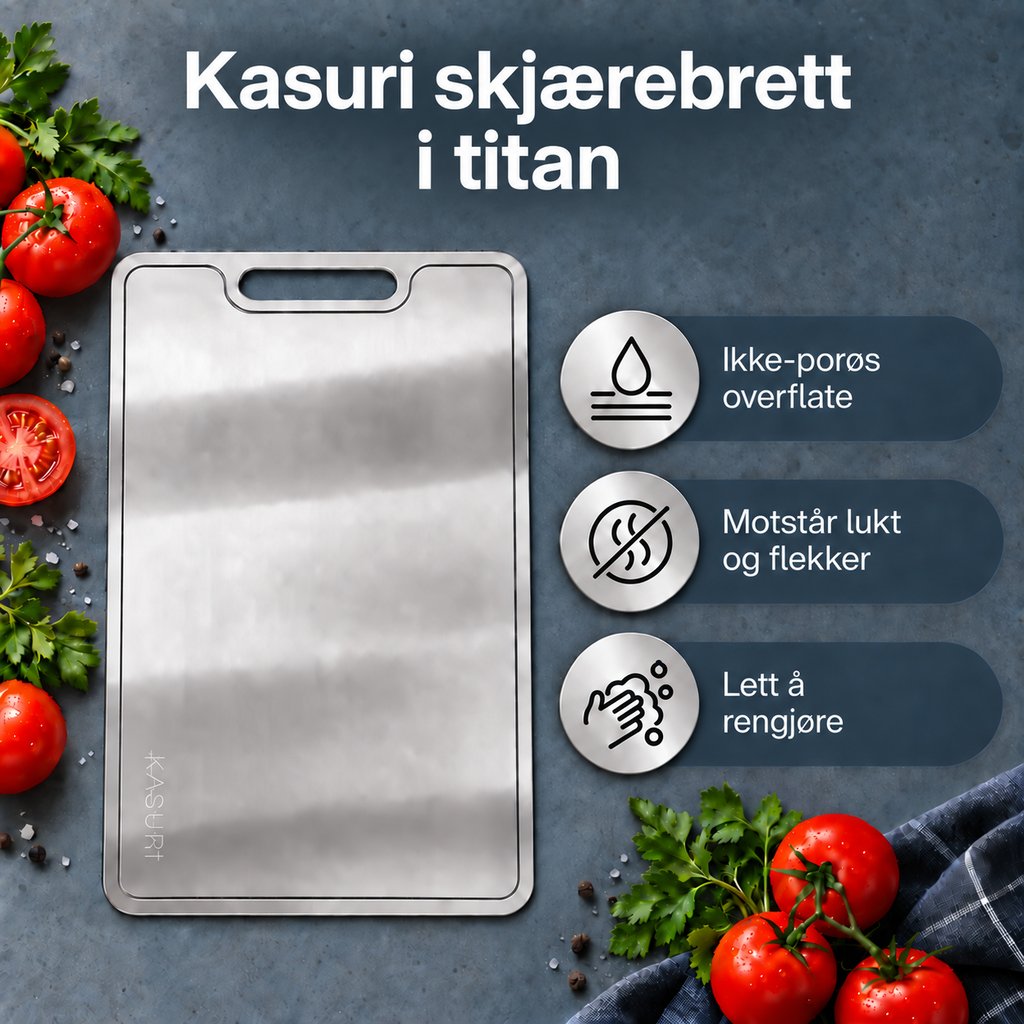 Kasuri-skjærebrett i titan: ikke-porøs overflate, motstår lukt og flekker, lett å rengjøre