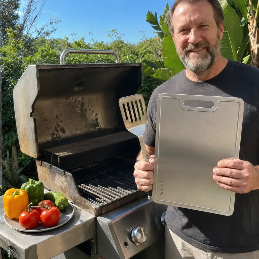 John avec sa planche à découper Kasuri à côté d'un barbecue extérieur