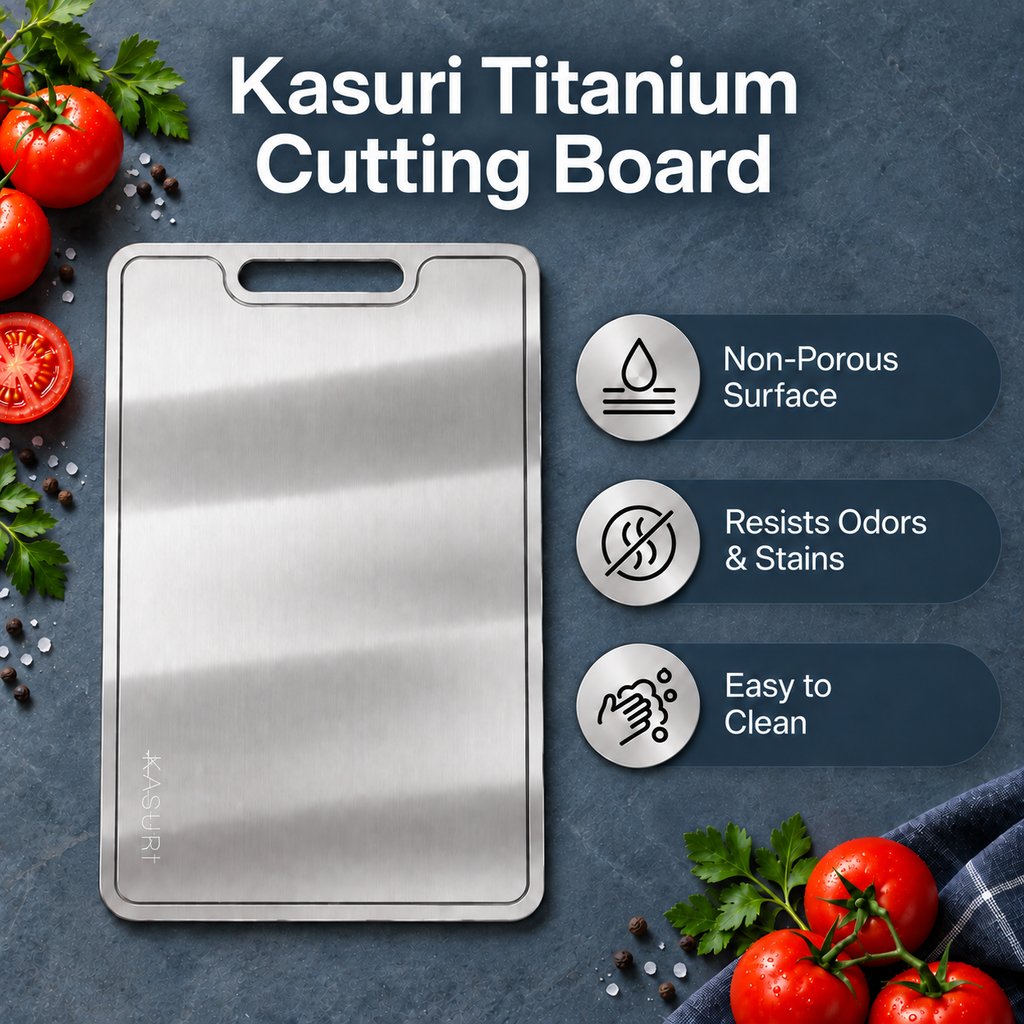 Kasuri Titanium Cutting Board: non-porous surface, resists odours and stains, easy to clean