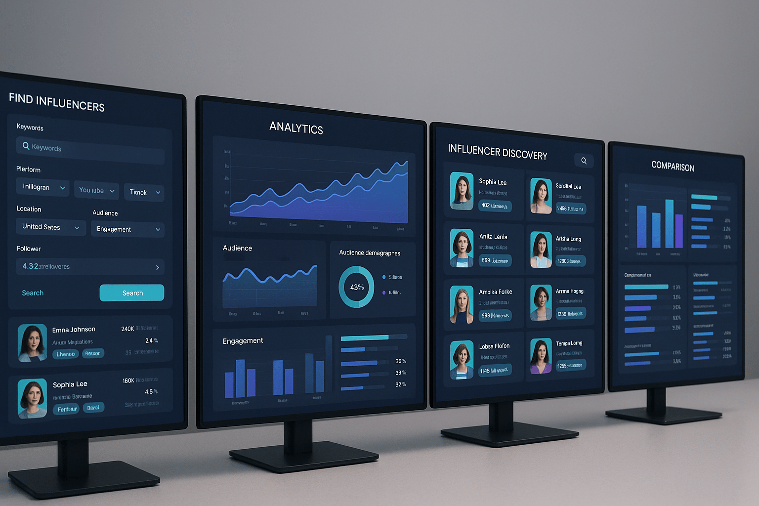 Dashboard comparison of various influencer search tools