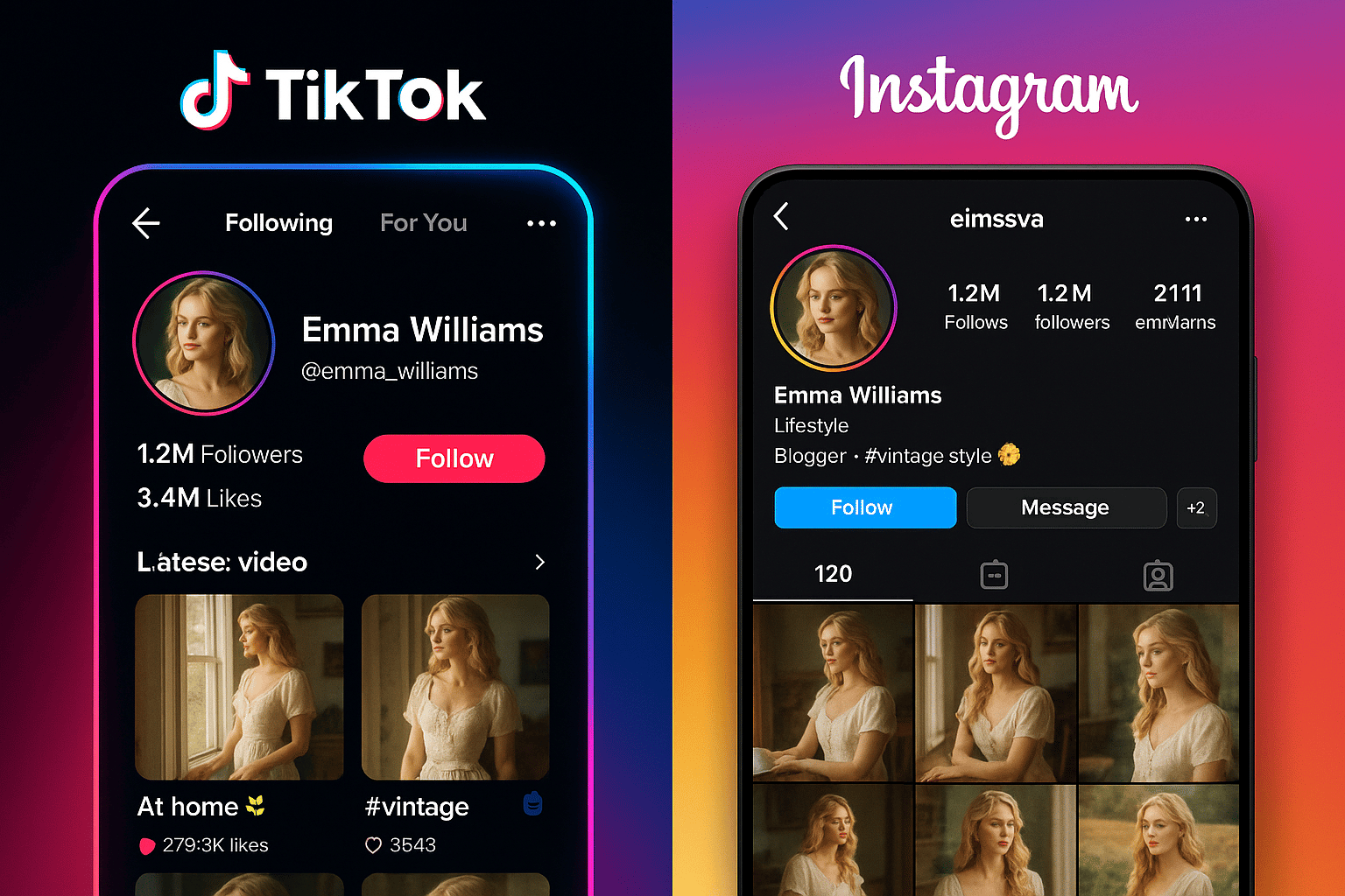 Split screen showing TikTok and Instagram influencer content