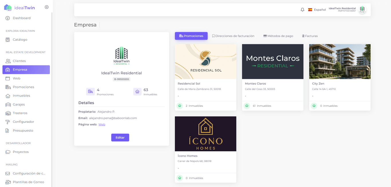 IdealTwin company dashboard