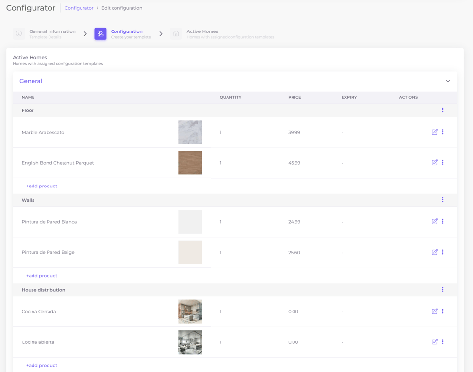 Configurator option table for spaces and products