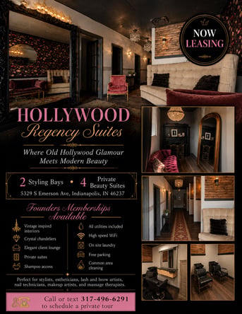 Luxury Old Hollywood Salon Suites & Styling Bays For Rent on Indy South Side – $170/week