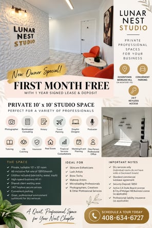PRIVATE SALON SPACE FOR LEASE – FREE 1 month rent in MORGAN HILL, CA