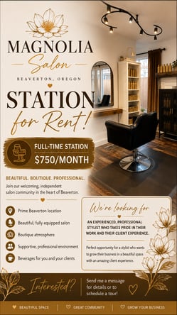 Boutique Salon Station for Rent in Beaverton – $750/month