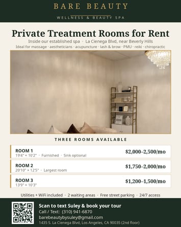 3 Private Treatment Rooms for Rent — Wellness Spa, La Cienega Blvd (near Beverly Hills)
