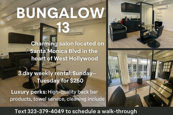 WEST HOLLYWOOD SALON STATION ENTIRE STUDIO AVAILABLE: Sunday/Monday/Tuesday: $250 Weekly