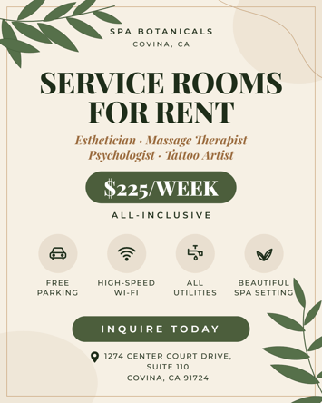 Private Treatment Rooms for Rent in a Boutique Day Spa – Covina (2 Available)