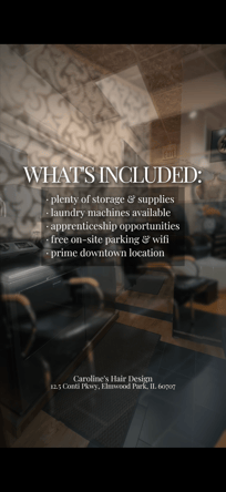 Booth / Chair Available at Caroline’s Hair Design – Elmwood Park FIRST MONTH FREE | Only $650/month