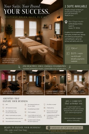 Boutique beauty, health and wellness suite available.