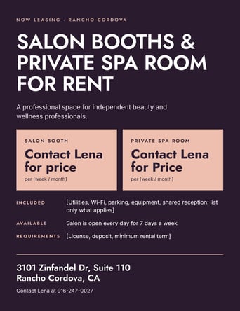 Zinfandel Salon Booth Rental off the freeway Promotion ongoing