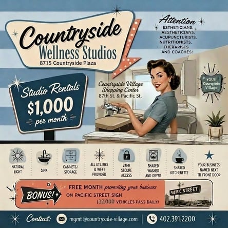 Turn-Key Wellness Studio Suite Rentals at Countryside Village (Omaha) | $1,000/mo