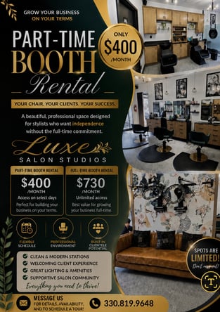 Luxe Salon Studios full and part-time booths available.