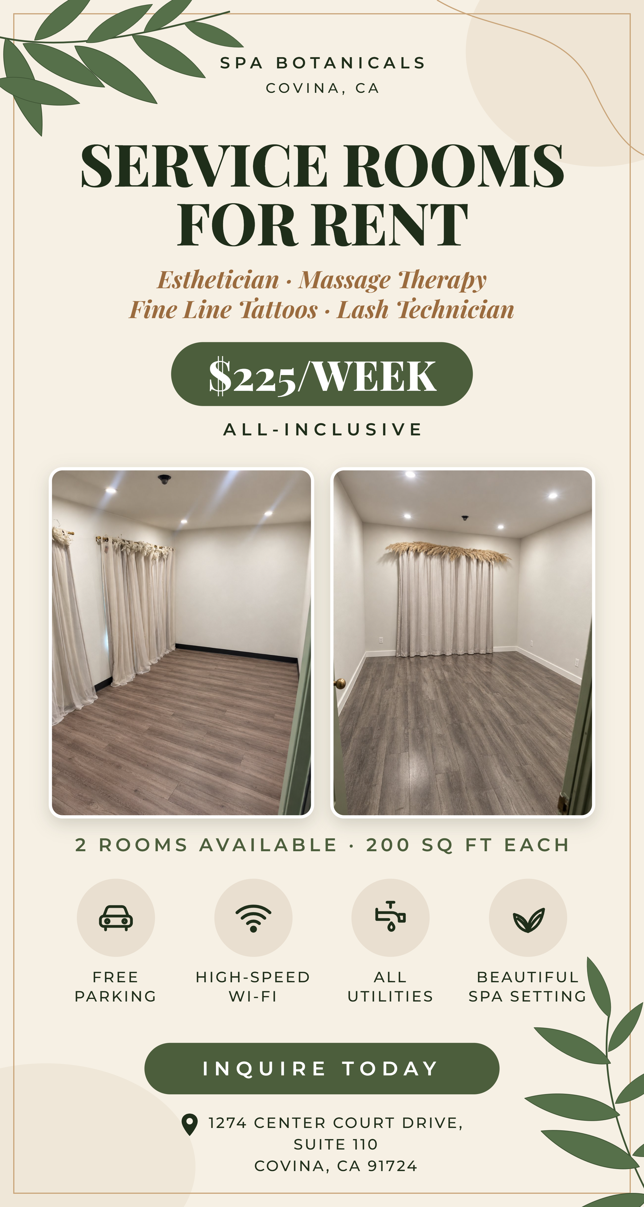Private Treatment Rooms for Rent in a Boutique Day Spa – Covina (2 Available)