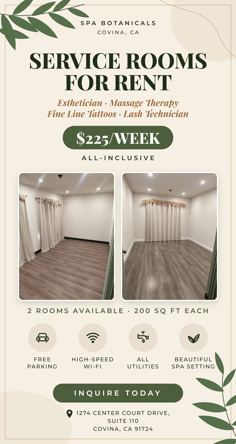 Private Treatment Rooms for Rent in a Boutique Day Spa – Covina (2 Available)