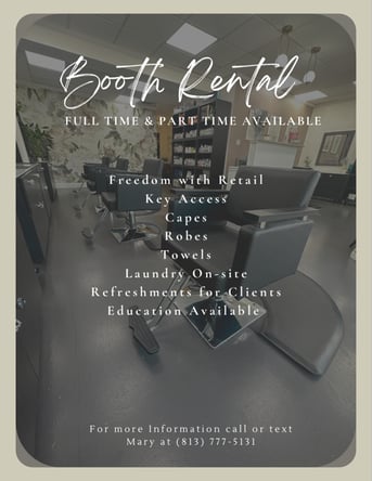 BOOTH RENTAL IN A PERFECT SOUTH TAMPA LOCATION. Full and part time chairs available