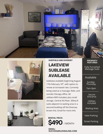 Furnished Massage and Bodywork Suite Available in Lakeview-5 Days/Wk (Sun-Thu)