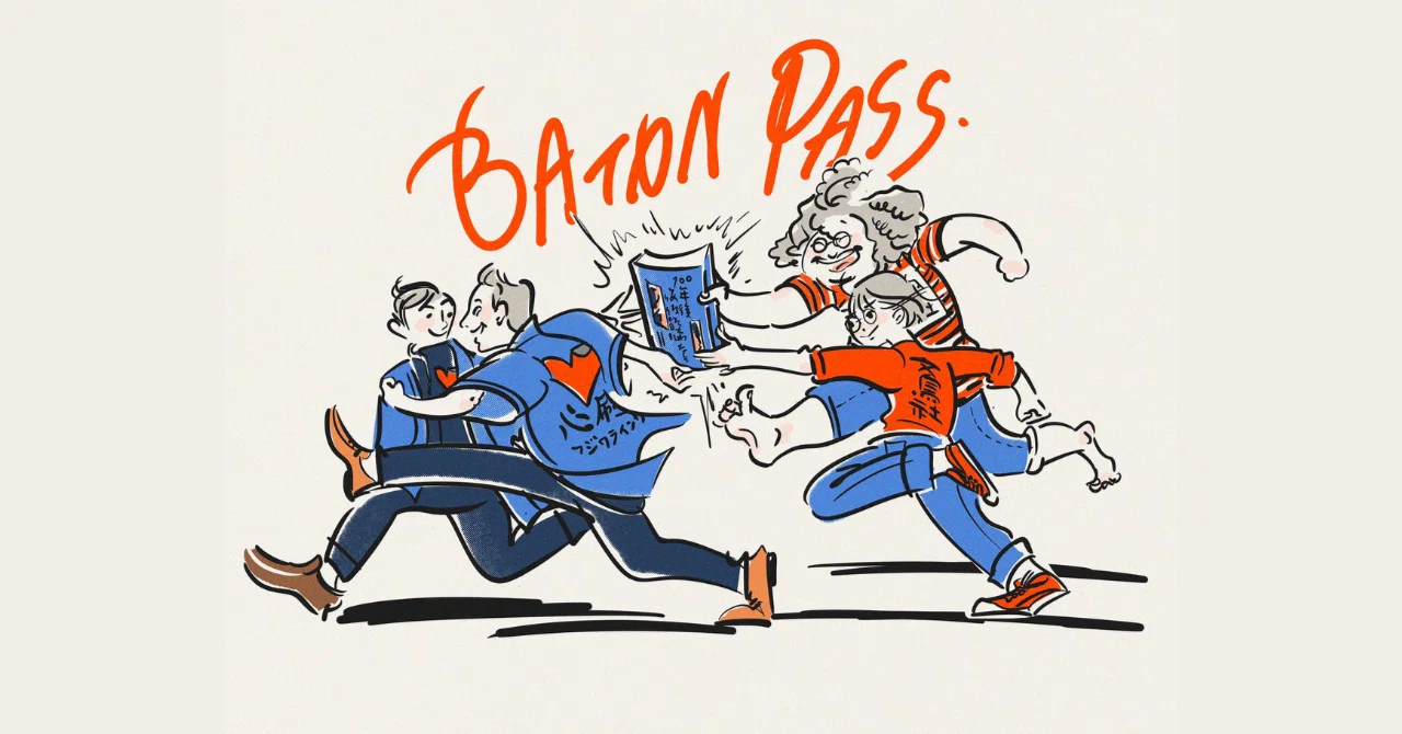 「BATON PASS.」藤原印刷の70年の歴史を、本を手渡すイラストで表現した扉絵